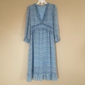 Womens Spring Dress Midi Size Large Blue Print Smocked Ruffle Hem Long Sleeve